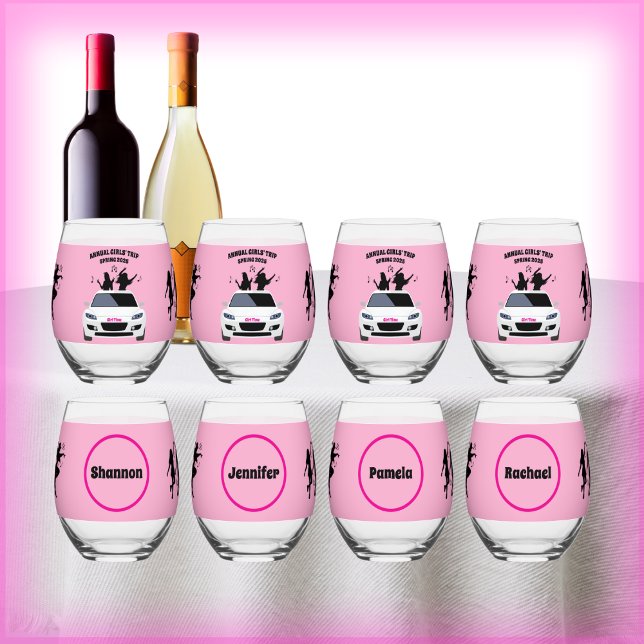 Vaso De Vino Chicas Viaje Recuerdos Vino Juego de Vidrio Rosa y (Girls Trip Memories Wine Glass Set Pink and Black)