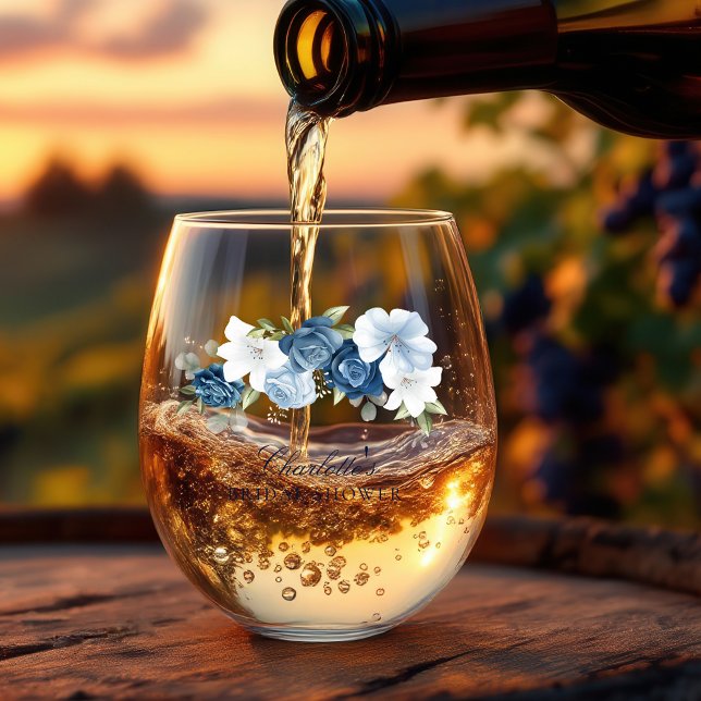 Vaso De Vino Chorro de Agua en Aquarela Floral Despedida de Sol (Dusty Blue Floral Watercolor Script Bridal Shower Stemless Wine Glass)