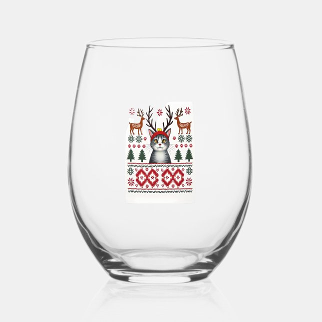 Vaso De Vino Christmas Cat Reindeer Ugly Christmas Sweater T-Sh (Anverso)