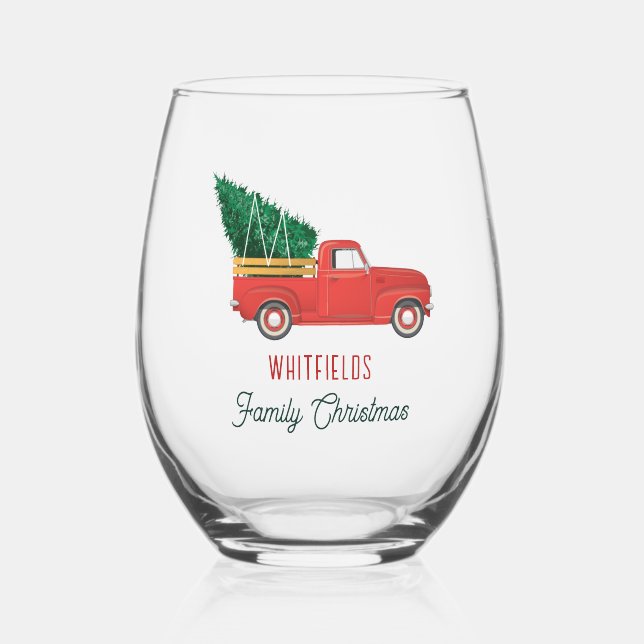 Vaso De Vino Christmas Red Truck Family Holiday Custom (Anverso)