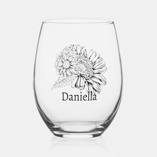 Vaso De Vino Chrysanthemum Black Line Drawing with Your Name  (Anverso)