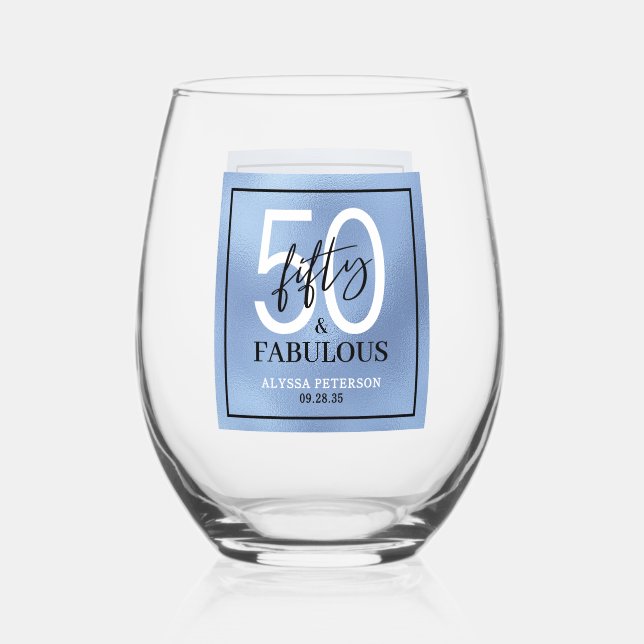 Vaso De Vino Cincuenta & Fabuloso Polvo Azul Script Cumpleaños  (Anverso)