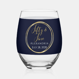 Vaso De Vino Cincuenta y Fino Oro Azul Marino Cumpleaños 50