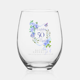 Vaso De Vino Cinta de Rosa Azul Cumpleaños 50