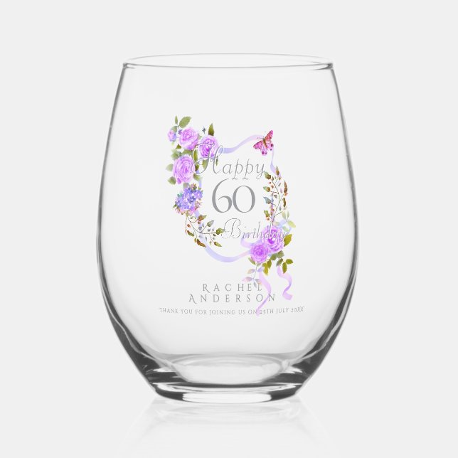 Vaso De Vino Cinta de Rosa Púrpura Cumpleaños 60 (Anverso)