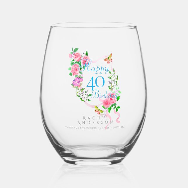 Vaso De Vino Cinta de rosa rosa cumpleaños 40 (Anverso)