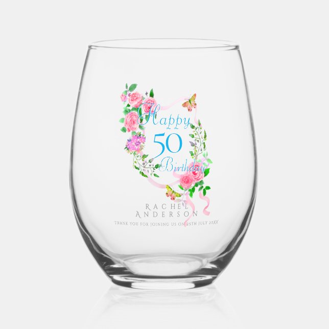 Vaso De Vino Cinta de rosa rosa cumpleaños 50 (Anverso)