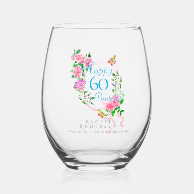 Vaso De Vino Cinta de rosa rosa cumpleaños 60 (Anverso)