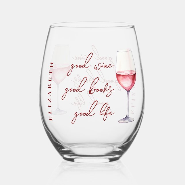 Vaso De Vino Cita personalizada Rosé Pink Wine & Book Lover (Anverso)