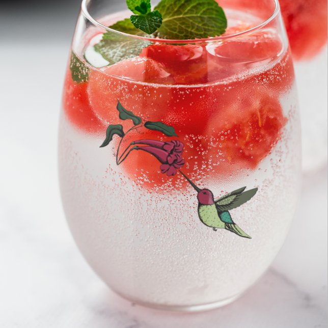 Vaso De Vino Colibrí moderna (Beautiful Hummingbird Visiting a Tropical Flower. Hand-Drawn in Black Ink. )