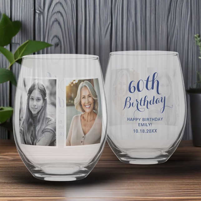 Vaso De Vino Collage de 2 fotos personalizadas para 60 cumpleañ (Subido por el creador)