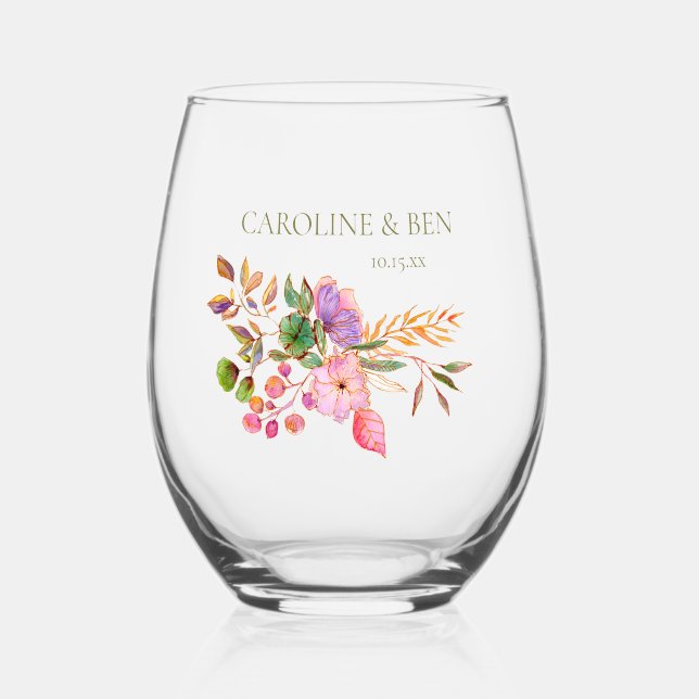 Vaso De Vino Colorful Watercolor Floral Elegant Custom Wedding (Anverso)