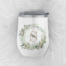 Vaso de vino con monograma botánico elegante y nom