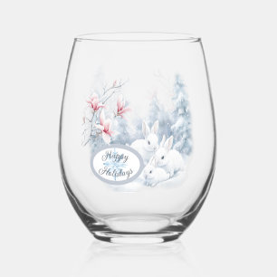 Vaso De Vino Conejos blancos en vacaciones de invierno de nieve