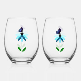 Vaso De Vino Conjunto De Vidrio De Marea Azul Y Mariposa