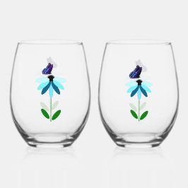 Vaso De Vino Conjunto De Vidrio De Marea Azul Y Mariposa