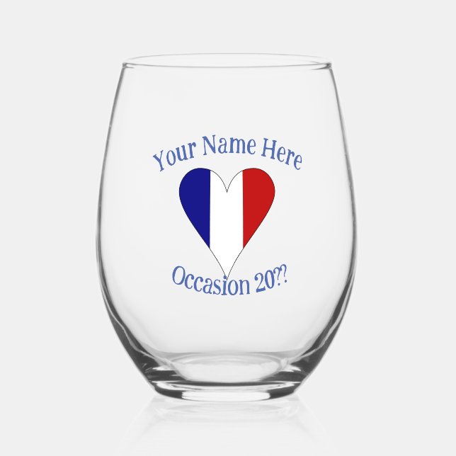 Vaso De Vino Corazón de bandera francesa personalizado (Anverso)