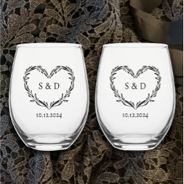 Vaso De Vino Corazón de monograma de pareja Boda personalizada