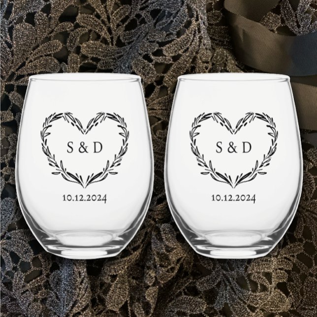 Vaso De Vino Corazón de monograma de pareja Boda personalizada (Couples monogram keepsake glasses. Hand drawn heart, modern custom text date botanical unique gift
)