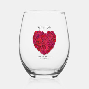 Vaso De Vino Corazón Floral Romántico de Rosa Roja con Texto Pe