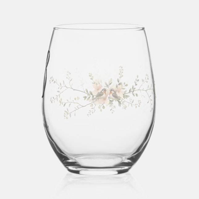 Vaso De Vino Couple Birds Monogram flowers Elegant Wedding  (Reverso )