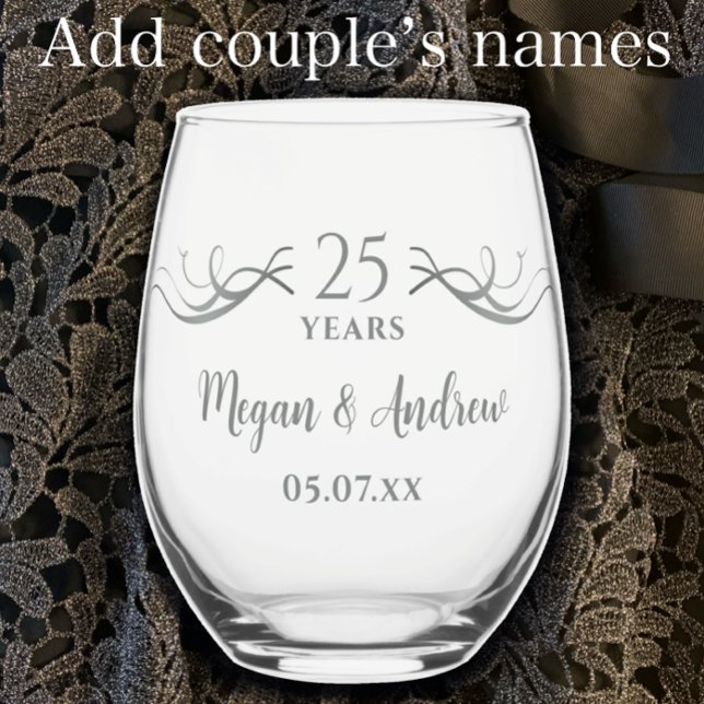 Vaso De Vino Couples Names 25th Wedding Anniversary Gift (Custom keepsake 25th wedding anniversary glass. Add couple’s names and date. Elegant modern gift.)