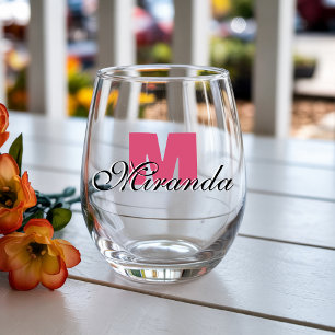 Vaso De Vino Cranberry Inicial y Nombre Negro   Moderno 