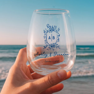 Vaso De Vino Crestón Monograma Floral Caprichoso Azul Francés