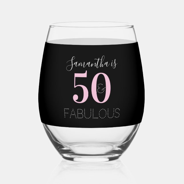 Vaso De Vino Cumpleaños 50 Personalizado Negro Rosa (Anverso)