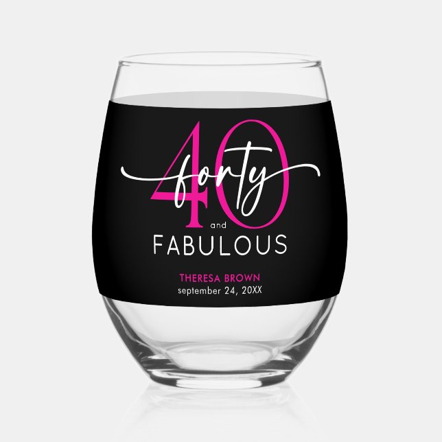 Vaso De Vino Cumpleaños con letra script fabulosa cuarenta rosa (Anverso)