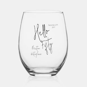 Vaso De Vino Cumpleaños Moderno Hola Cincuenta Nombre Fecha 50
