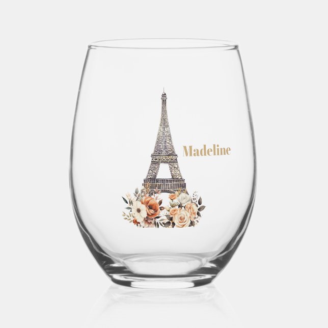 Vaso De Vino Custom Paris Eiffel Tower Beautiful Floral (Anverso)