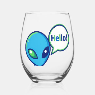 Vaso De Vino Cute Alien Azul Diciendo Hola Puede Vidrio