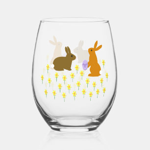 Vaso De Vino Cute conejitos de Pascua y Daffodils