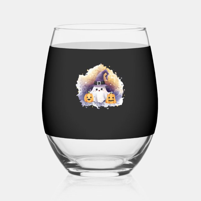Vaso De Vino Cute Ghost Cat with Pumpkins � Kawaii Halloween Ar (Anverso)