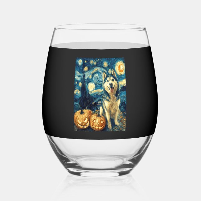 Vaso De Vino Cute Siberian Husky Dog Halloween Jack O Lantern P (Anverso)