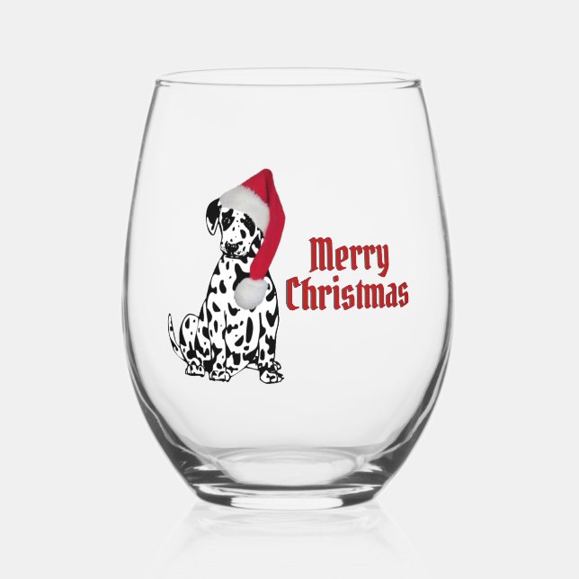 Vaso De Vino Dalmatia Perro Rojo Agitando el Cabo Feliz Navidad (Anverso)