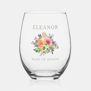 Vaso De Vino Dama de honor personalizada Nombre Acuarela Floral
