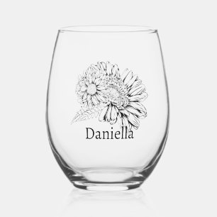 Vaso De Vino Dibujo de línea negra de crisantemo con su nombre