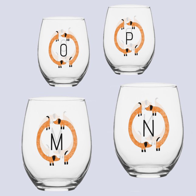 Vaso De Vino Diversión Dachshund Wiener Salchicha Dog Monograma (Fun Dachshund Wiener Sausage Dog monogram initial personalized glasses)