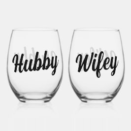 Vaso De Vino Divertido Hubby + Wifey Script Boda Newlyweds