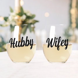 Vaso De Vino Divertido Hubby + Wifey Script Boda Newlyweds
