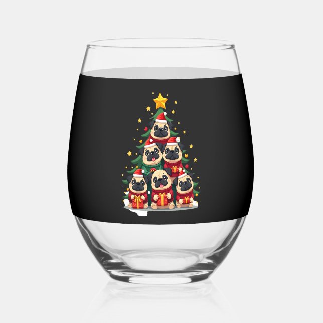 Vaso De Vino Dog Pugs Christmas Tree Cute Xmas (1) (Anverso)