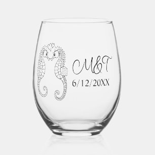 Vaso De Vino Dos caballitos de mar y las iniciales de novia y n