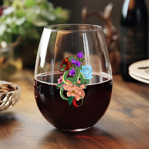 Vaso De Vino Dragón Chino Verde Místico Floral Azul Marino