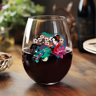 Vaso De Vino Dragón Geisha Asiático Flor de Cerezo Azul