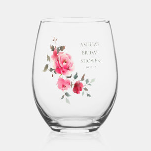 Vaso De Vino Ducha de Novia con Acuarela de Rosas Rojas Rosadas