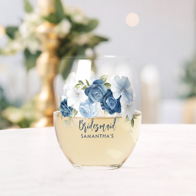 Vaso De Vino Dusty Blue Bloom Elegante Boda de guiones (Insitu (Boda))