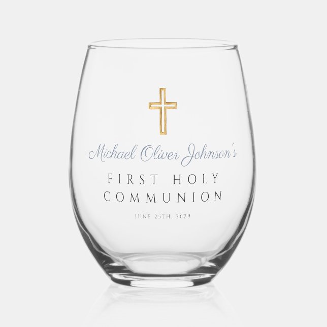 Vaso De Vino Dusty Blue Cross Religion Boy First Communiation (Anverso)