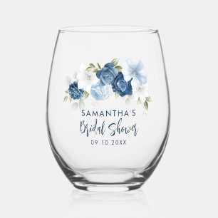 Vaso De Vino Dusty Blue Floral Bridal Shower Personalizada